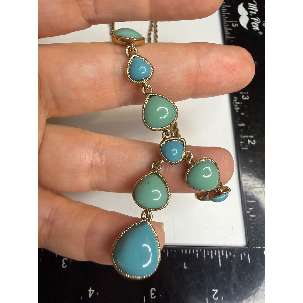 Monet Gold Tone Turquoise Cabochon Teardrop Tiered Statement Necklace 18in
